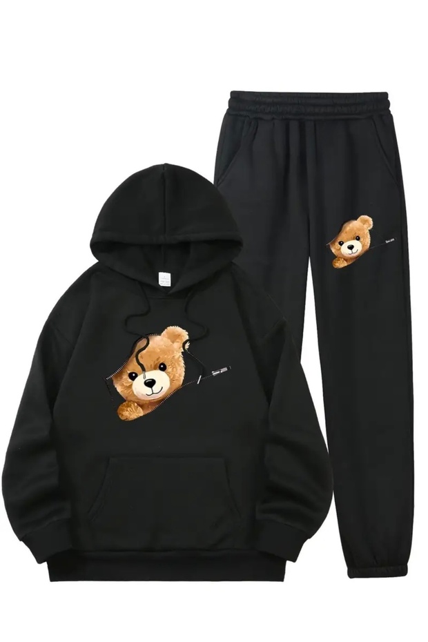 Bear Printed Unisex Women/Men Hoodie Oversize Bottom/Up Tracksuit Set