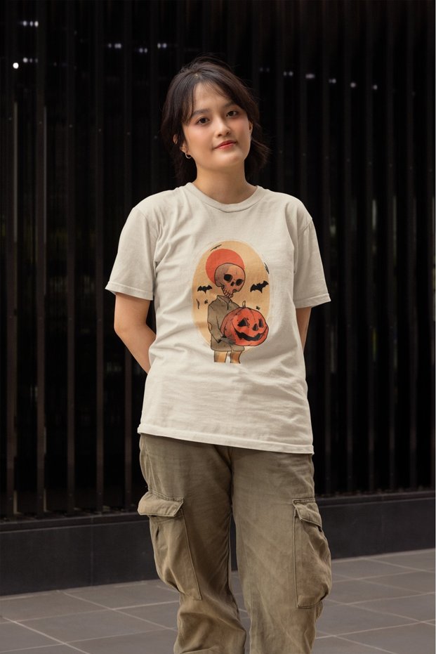 Girl/Women's Skeleton Pumpkin Transfer Printed Round Neck Short Sleeve T-Shirt