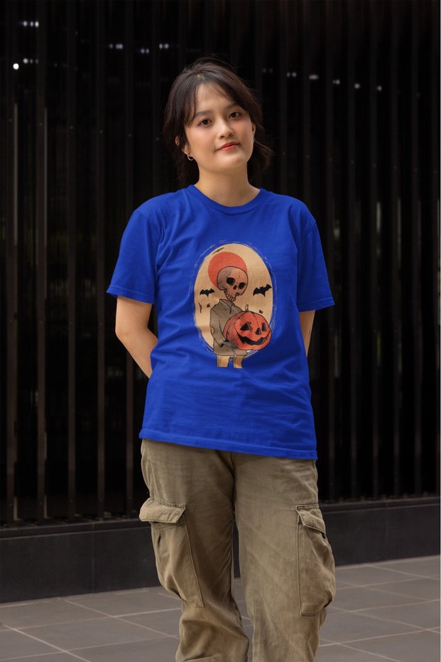 Girl/Women's Skeleton Pumpkin Transfer Printed Round Neck Short Sleeve T-Shirt