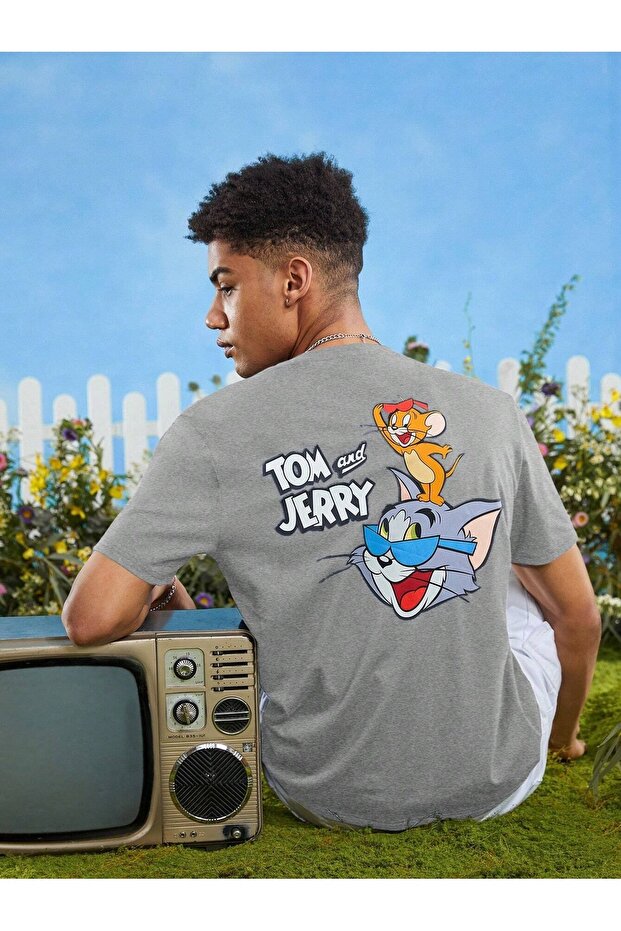 Unisex Gray Tom and Jery Printed Oversize