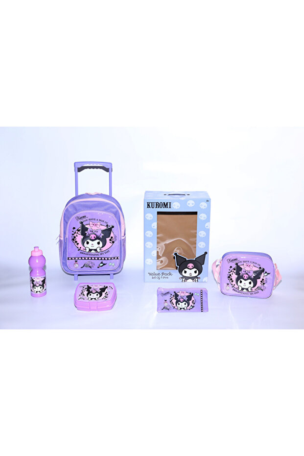 Kuromi 5 in 1 Value Pack-16" Trolley Bag,LunchBag,LunchBox,WaterBottle,Pencil Case