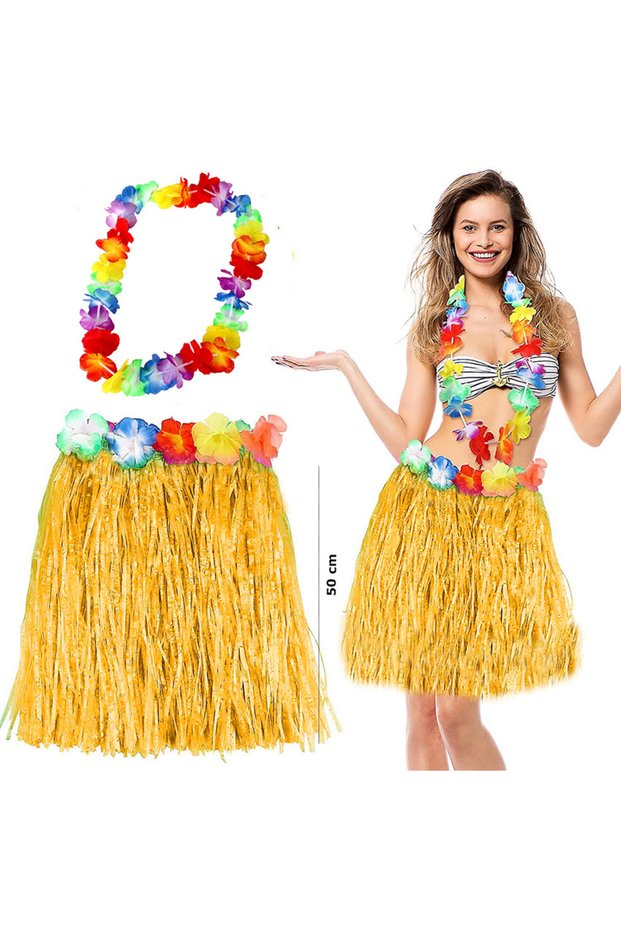 Hawaiian Luau Aloha Yellow Tassel 50 cm Skirt and Hawaii Necklace Set