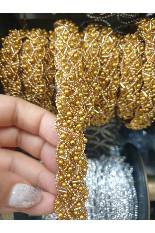 Iron-On Gold Color Bead Detailed Decorative Ribbon Accessory Applique