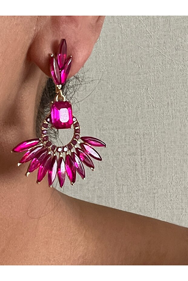 High Quality Big-Long Crystal Stone Fuchsia Pink Drop Earrings