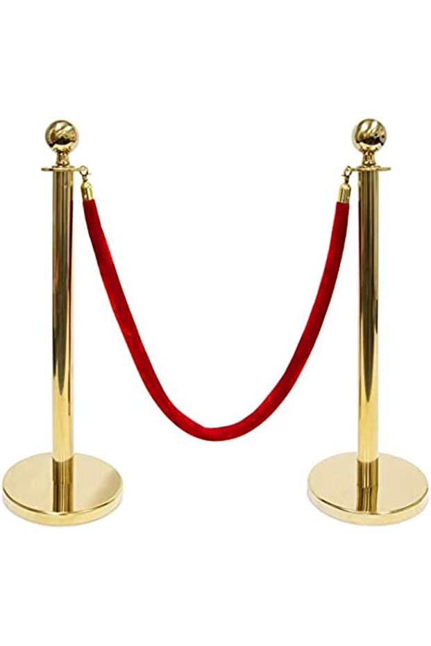 Crowd Control Stanchions with Red Velvet Rope, Gold-Plated Posts, Round Base, Set of 2 - 1