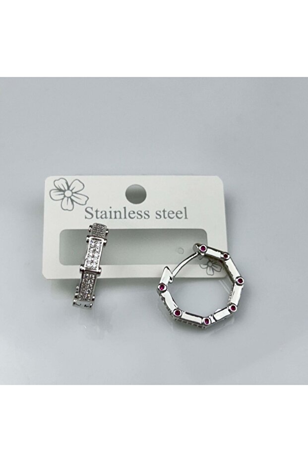 Taşlı Halka Çelik Küpe - 1