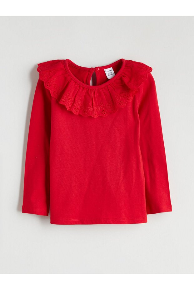 Collar Detailed Combed Cotton Girls' T-Shirt (W5)