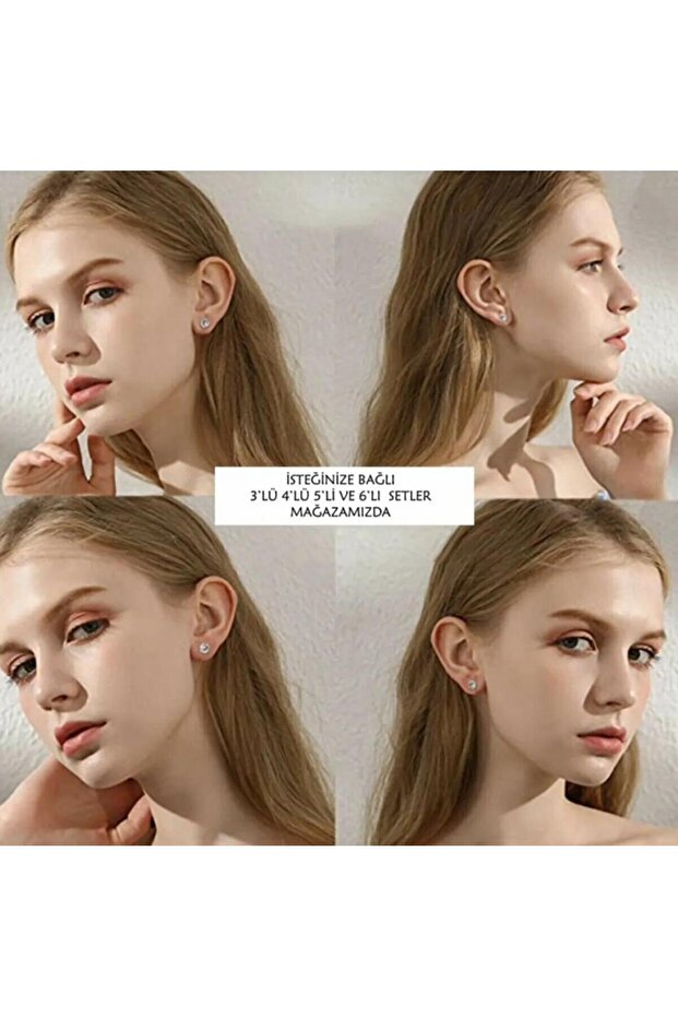 925 Ayar Gümüş 4 Çift (8 Adet) 3-4-5-6 mm Boyutlarında Yuvarlak Zirkon Taşlı Unisex Pimli Küpe - 7