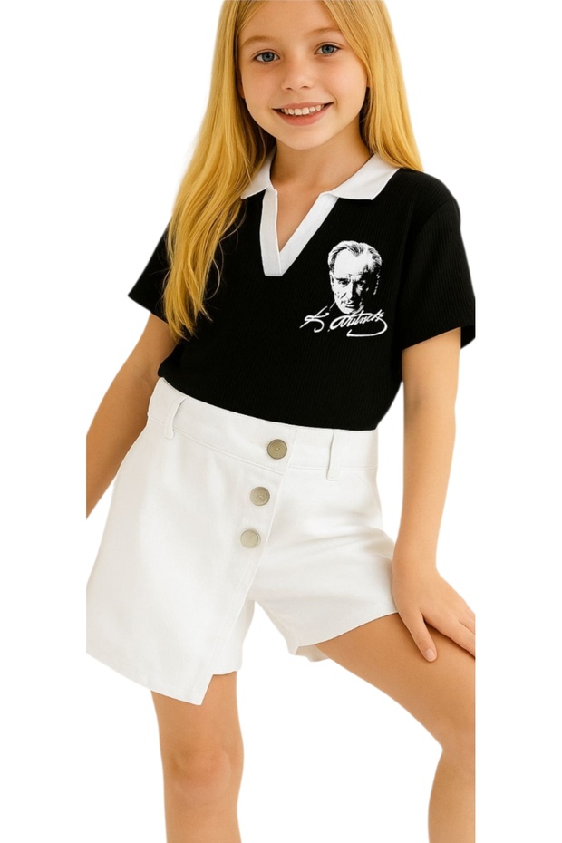 Polo Neck Black T-Shirt Ataturk Printed Crop Short Sleeve Cotton 10 November