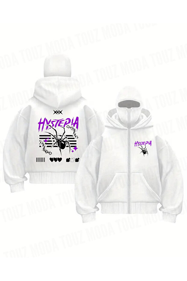 Oversized Zippered White Unisex Hooded Cardigan with Mask Detail