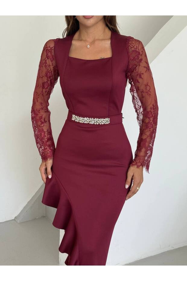 Women's Feather-Detail Lace and Rhinestone Imported Fabric Dress
