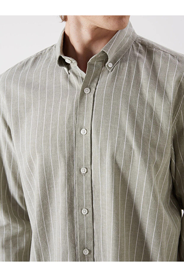 Regular Fit Uzun Kollu Çizgili Erkek Gömlek - 5