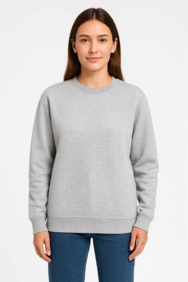 Three Thread Plain Crew Neck Sweatshirt - Gray - 1