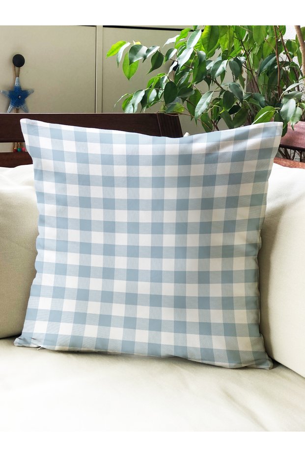 Blue Gingham Printed Velvet Throw Pillow Cover 43X43Cm