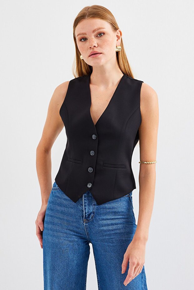 BDART Düğmeli, V-Yakalı, Dar Fitli Örme Yelek - 5