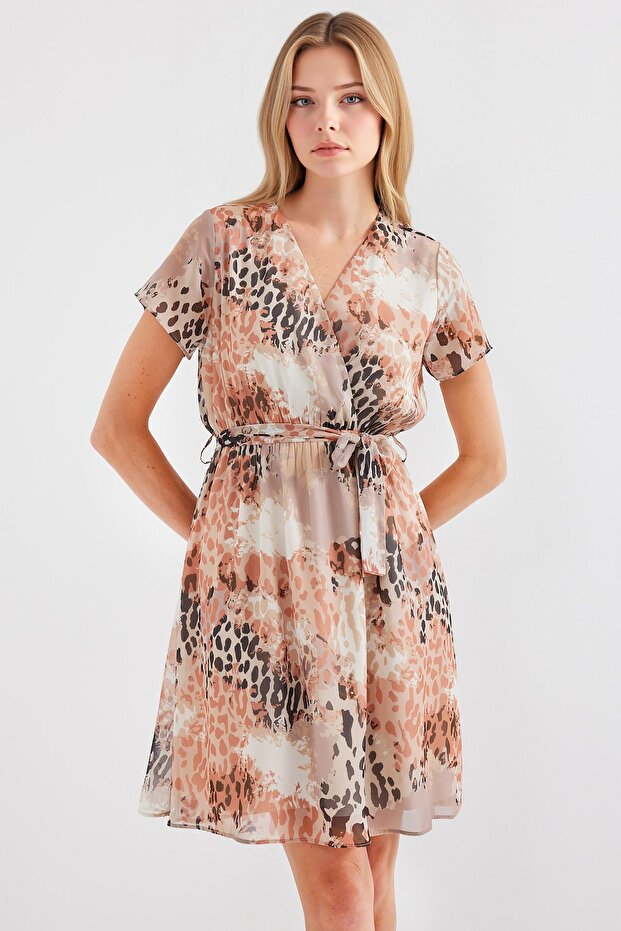 BDART Bağlama Kapatmalı V Yaka Çiçekli Mini Elbise - 4