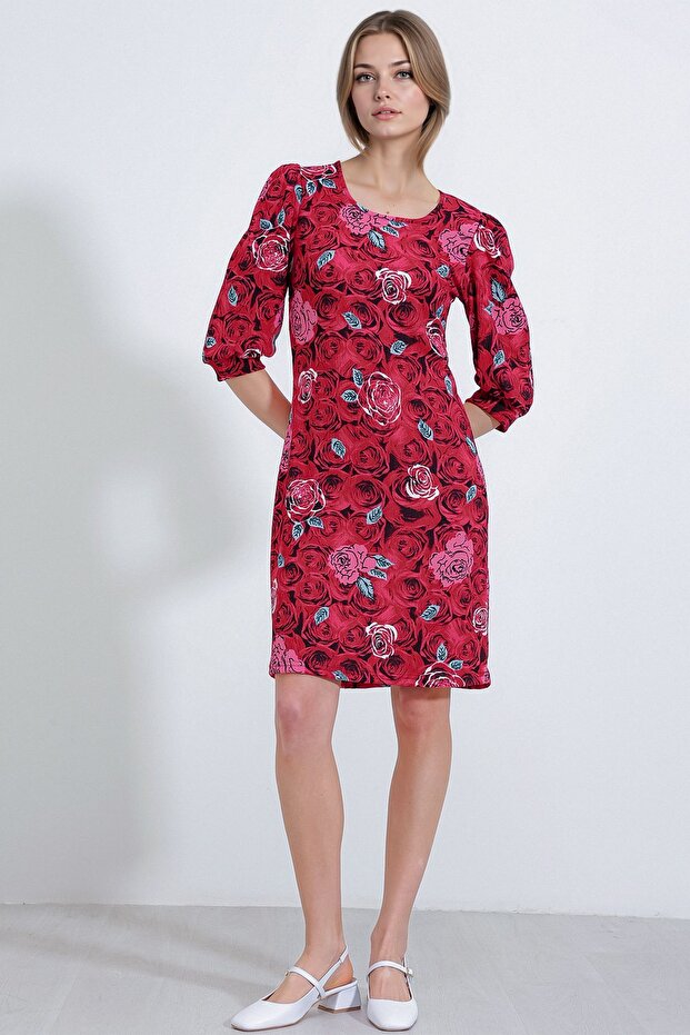 BDART Üç Çeyrek Kol Boyalı Çiçekli Midi Elbise - 3