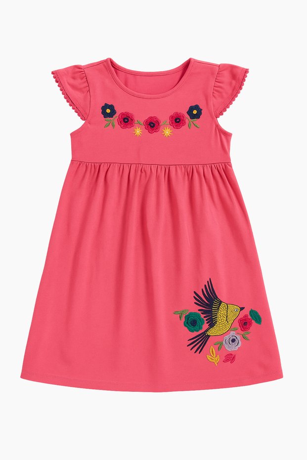 Girl's Embroidered Dress - Fuchsia with Floral and Bird Pattern