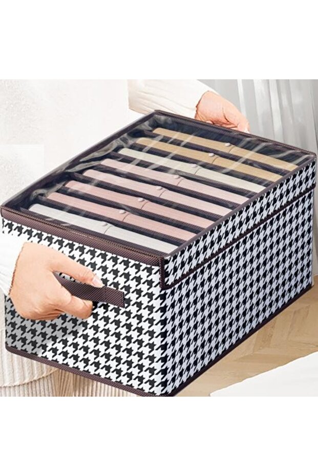 Storage Box, Flippy, Transparent Lid, Checkered Pattern, Medium, Brown - 6