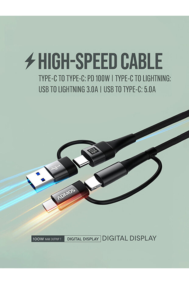 كابل بيانات AM755 بقوة 100 واط - كابل USB Type-C سريع الشحن مع شاشة رقمية - 1
