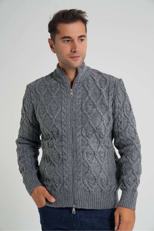 Men's Dark Gray Pocket Zippered Walking Hair Braided Wool Cardigan Trist-5355
