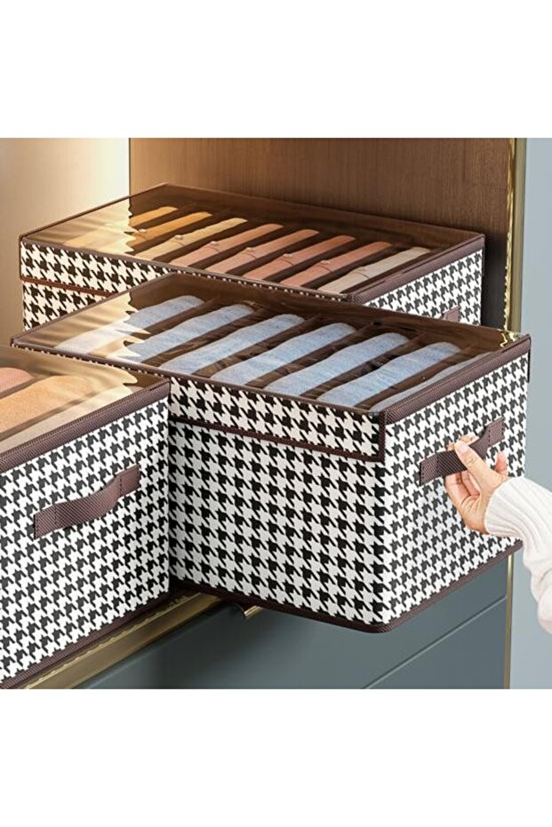 Storage Box, Flippy, Transparent Lid, Checkered Pattern, Large Pattern, Brown - 7