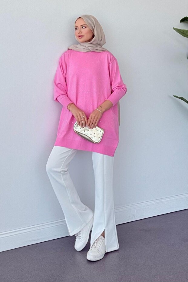 Merserize Taşlı Tunik Pembe - 3