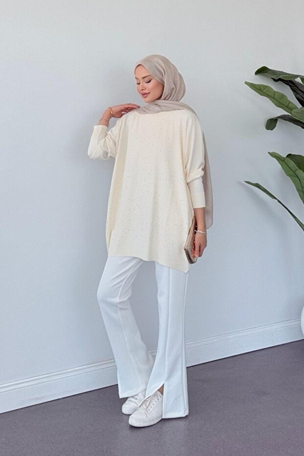 Merserize Taşlı Tunik Krem - 4