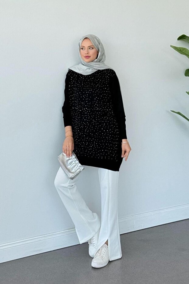 Merserize Taşlı Tunik Siyah - 1