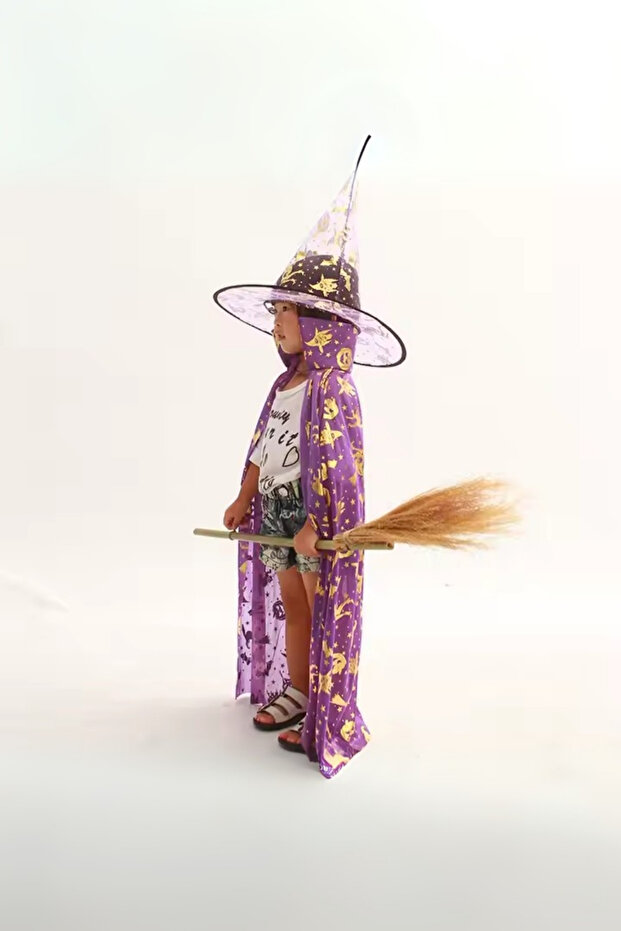 Mor Halloween Temalı Şapka ve Pelerin Set - 1