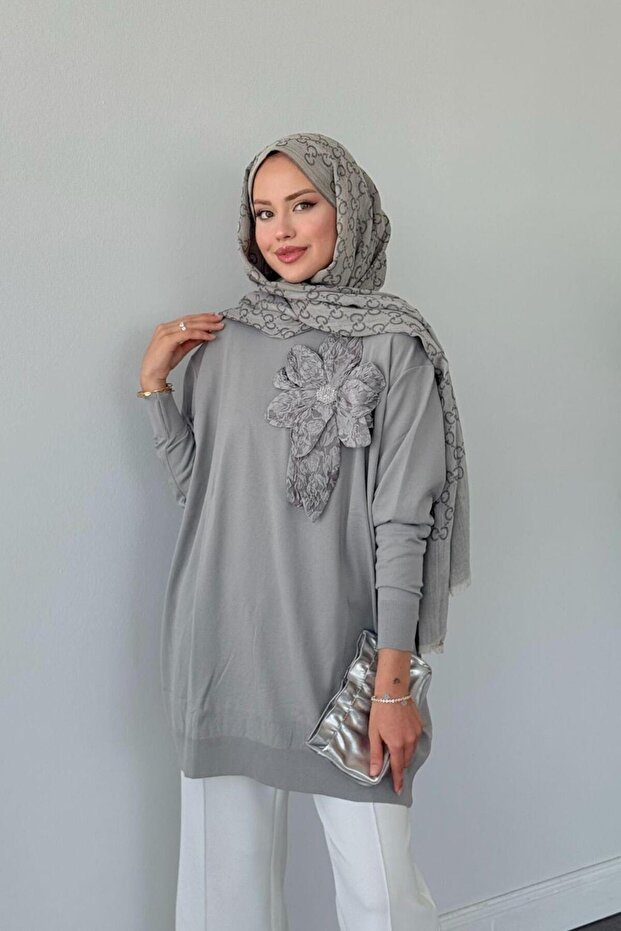 Merserize Çiçekli Tunik Gri - 1