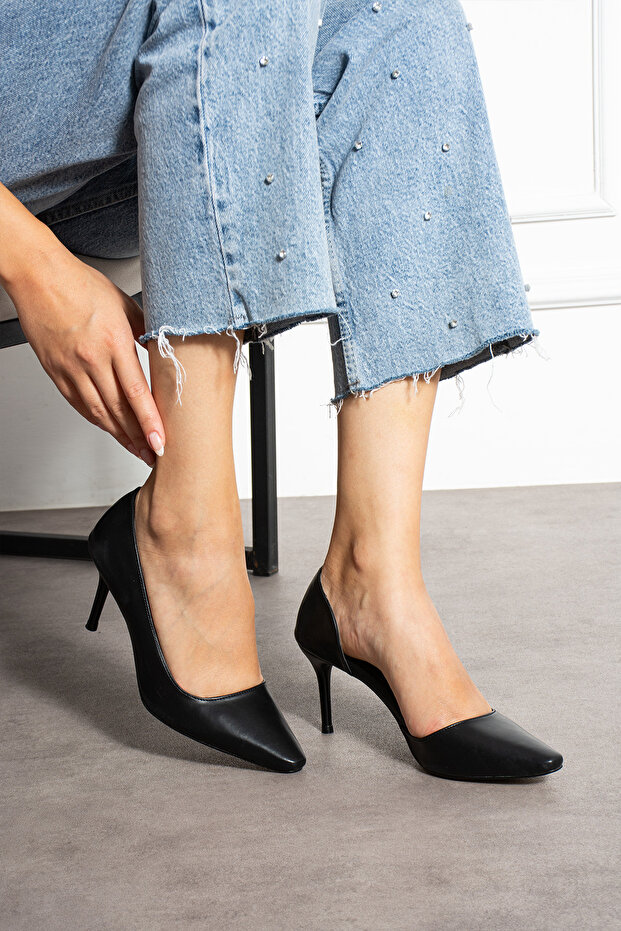 Mat Siyah Vegan Deri Stiletto – 7 cm İnce Topuklu Rahat Günlük Ofis Ayakkabısı - 1