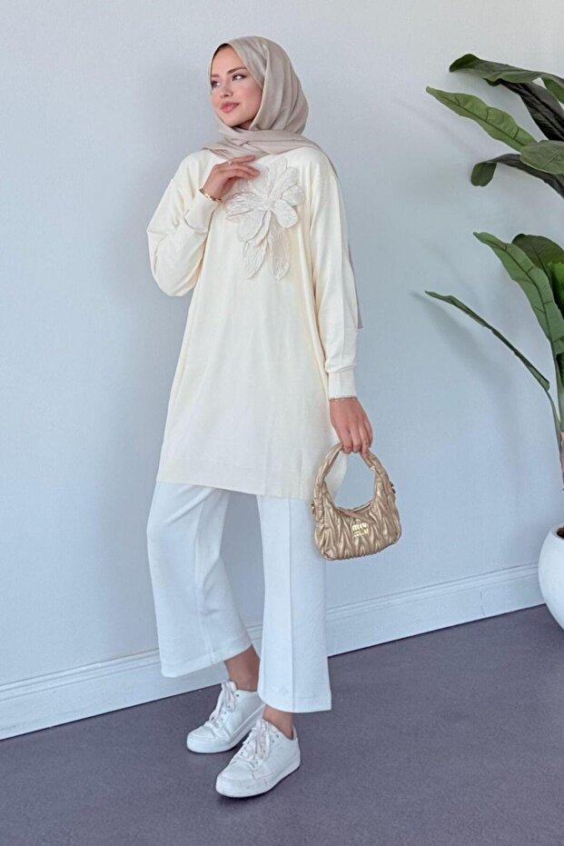 Merserize Çiçekli Tunik Krem - 3