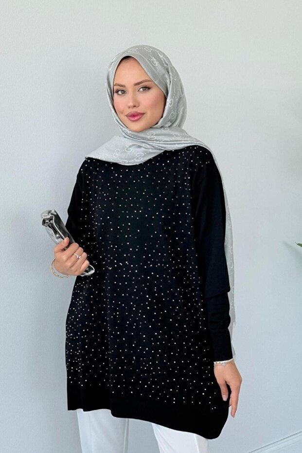 Merserize Taşlı Tunik Siyah - 4