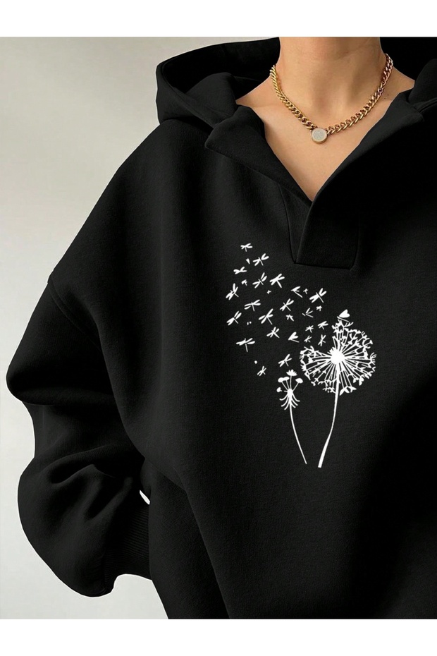 Unisex V-Yaka Baskılı Kapüşonlu Basic Oversize Swetshirt - 2