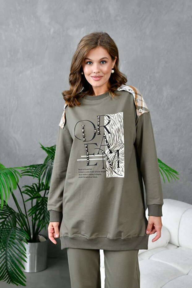 Women's Stone Detail Printed Top Sweatshirt