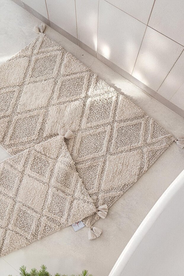 Maxi 2-Piece Set Tasseled Bath Mat 100% Cotton 40X60 + 60X90 Beige