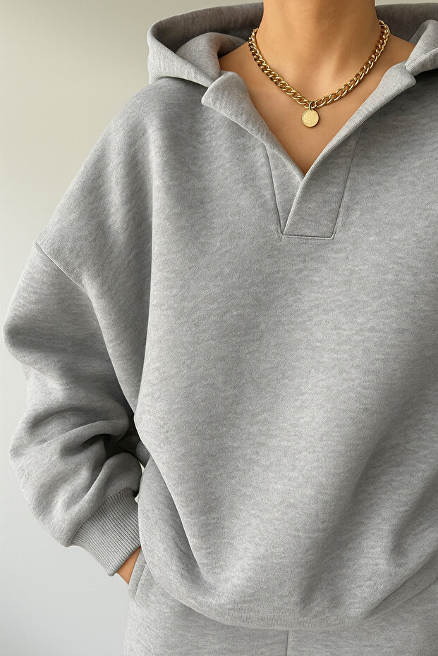 Unisex V-Yaka Kapüşonlu Basic Oversize Swetshirt - 2