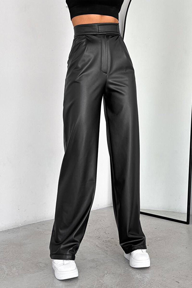 Women's Black Leather Pants with Fleece Inside – High Waist & Strong Style