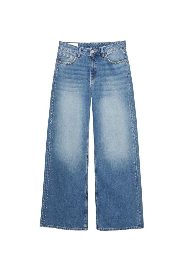 Zımbalı düşük bel geniş paça jean - 4