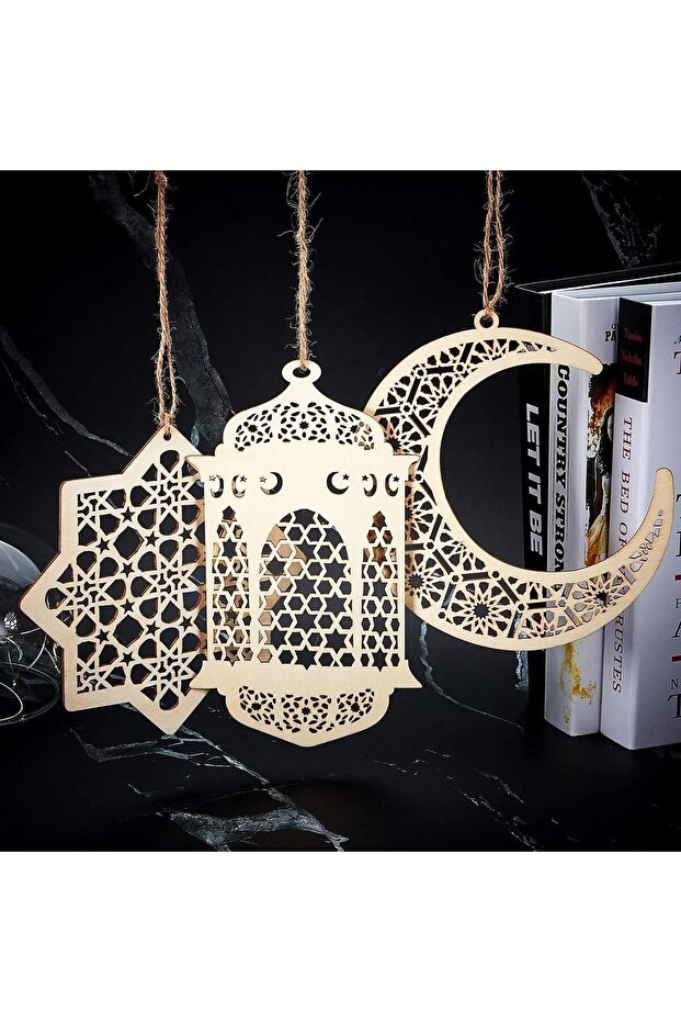 3 Pcs Ramadan Kareem Wooden Ornaments Pendant Decoration Moon Lantern Light Mubarak Eid Hang