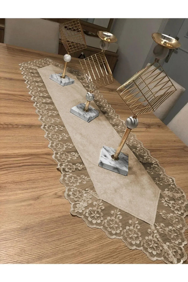 Velvet Lace Detailed Runner 140X40Cm Cream