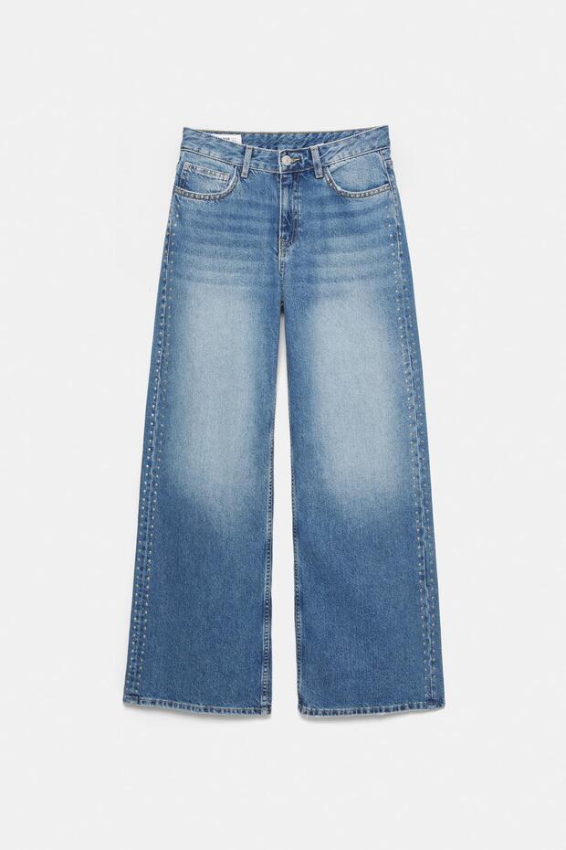 Zımbalı düşük bel geniş paça jean - 6