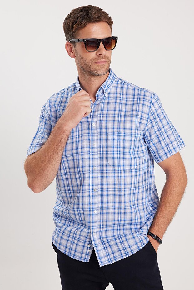 Men's Regular Fit Classic Cut Oversized 100% Cotton Linen Texture Pocketed Checked Short Sleeve Shirt