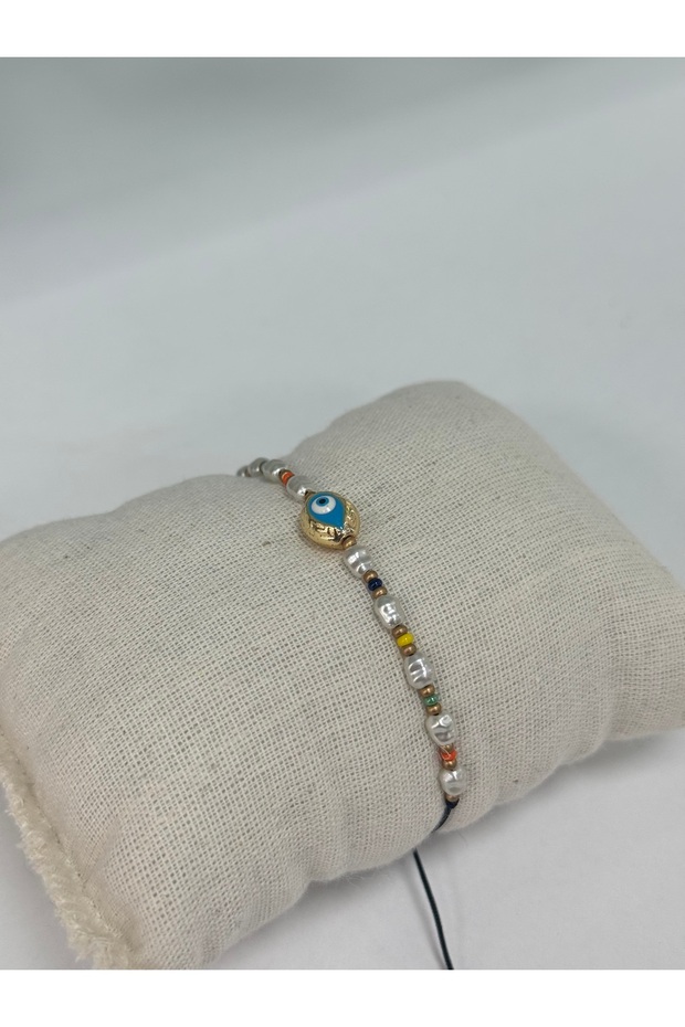 Gold-Colored Beaded Bracelet with Evil Eye Motif
