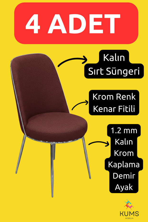 4 Adet Mutfak Sandalyesi Krom Kaplama Demir Ayak 1. Sınıf Jerry Kumaş Fitilli - 1