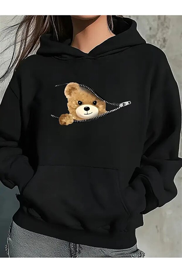 Women's Zipper Cute Bear Printed Hooded Black Gray Hoodie Sweatshirt Oversize