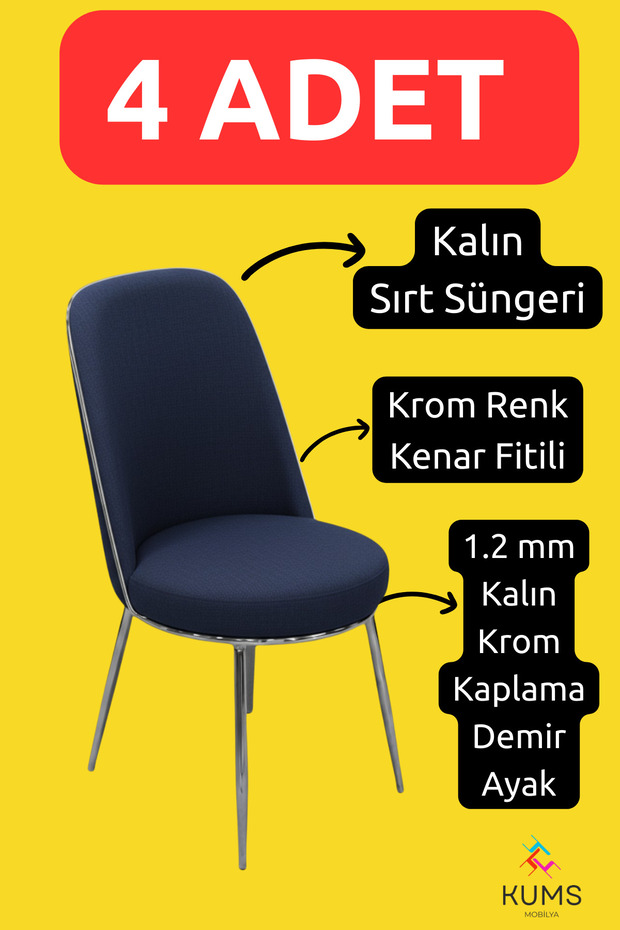 4 Adet Mutfak Sandalyesi Krom Kaplama Demir Ayak 1. Sınıf Jerry Kumaş Fitilli - 1