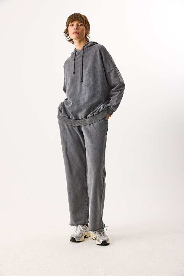Women's Hooded Regular Fit Washed Sweatshirt 100% Cotton - Anthracite