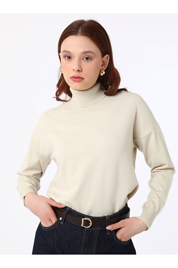 Yumuşak Tuşeli Basic Bağazlı Triko Kazak - Krem - - 2